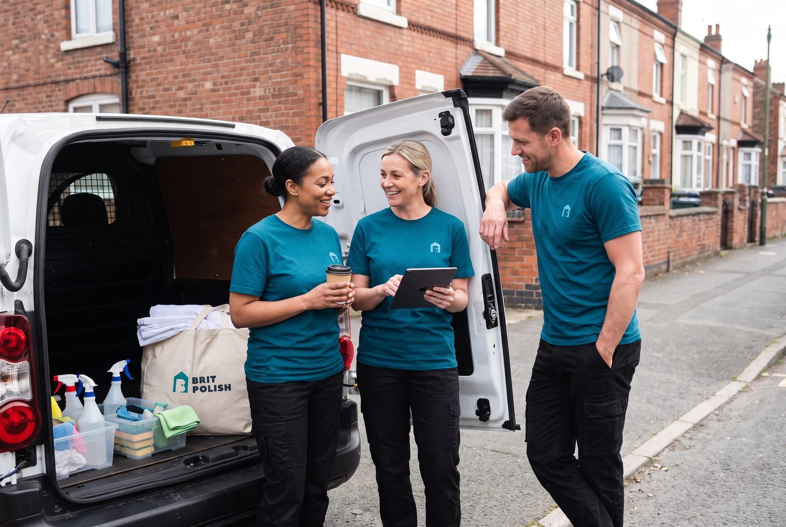 Three Brit Polish cleaners talking through the day's schedule on a tablet beside their van, on a street of red-brick terraces