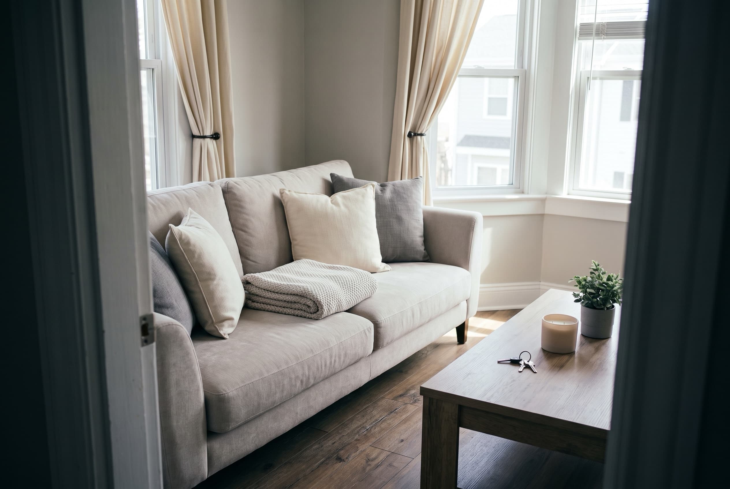 A short-let apartment lounge, cleaned and staged for the next guest