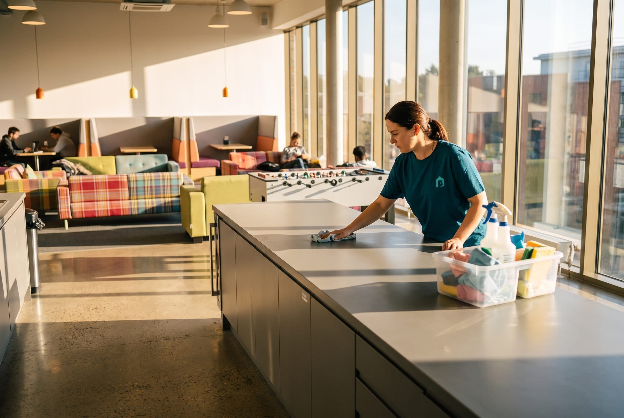 A Brit Polish cleaner wiping down the shared kitchen counter of a student accommodation lounge, with study booths and a table-football table behind