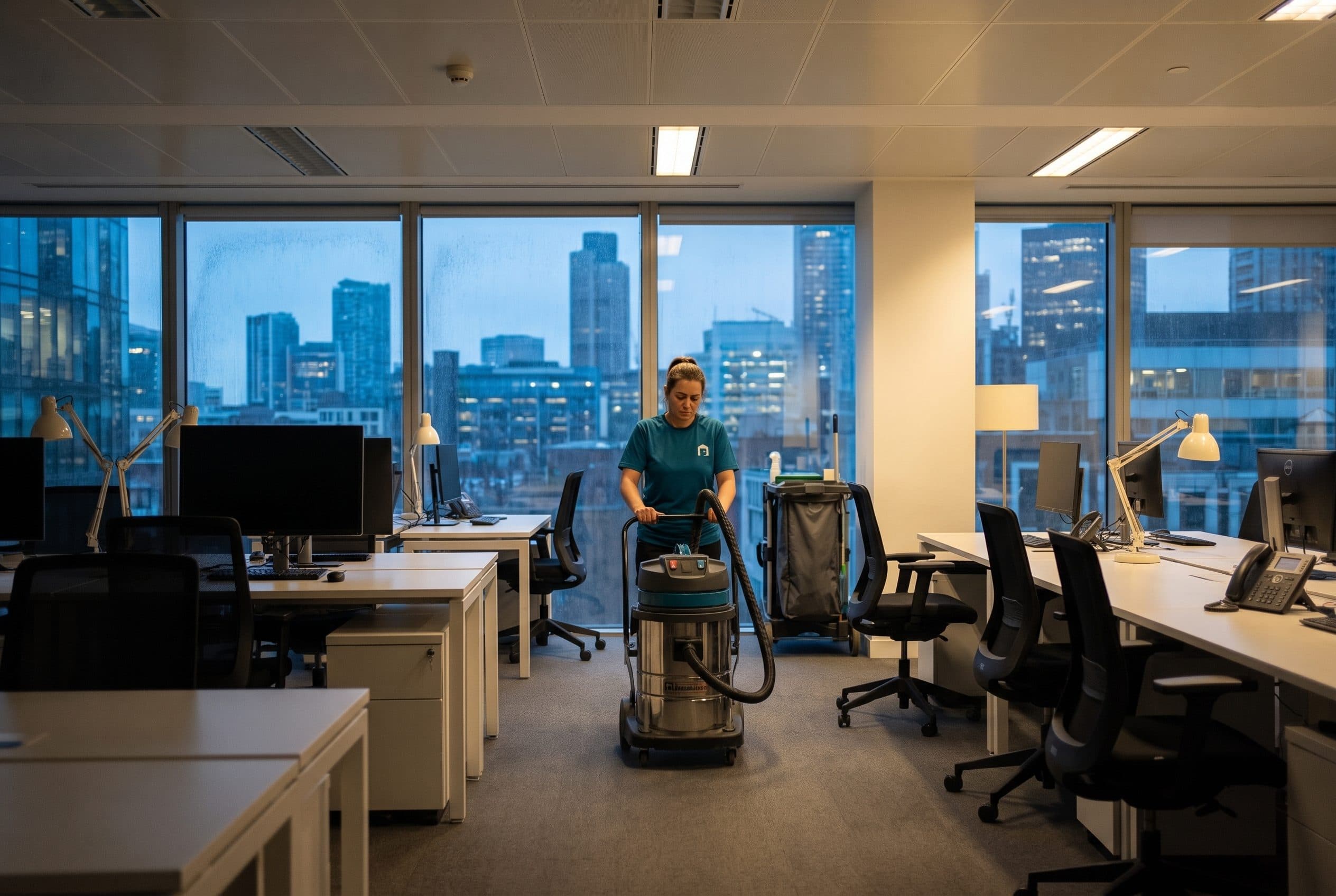 A Brit Polish cleaner vacuuming an office floor at dusk, with a city skyline through the windows