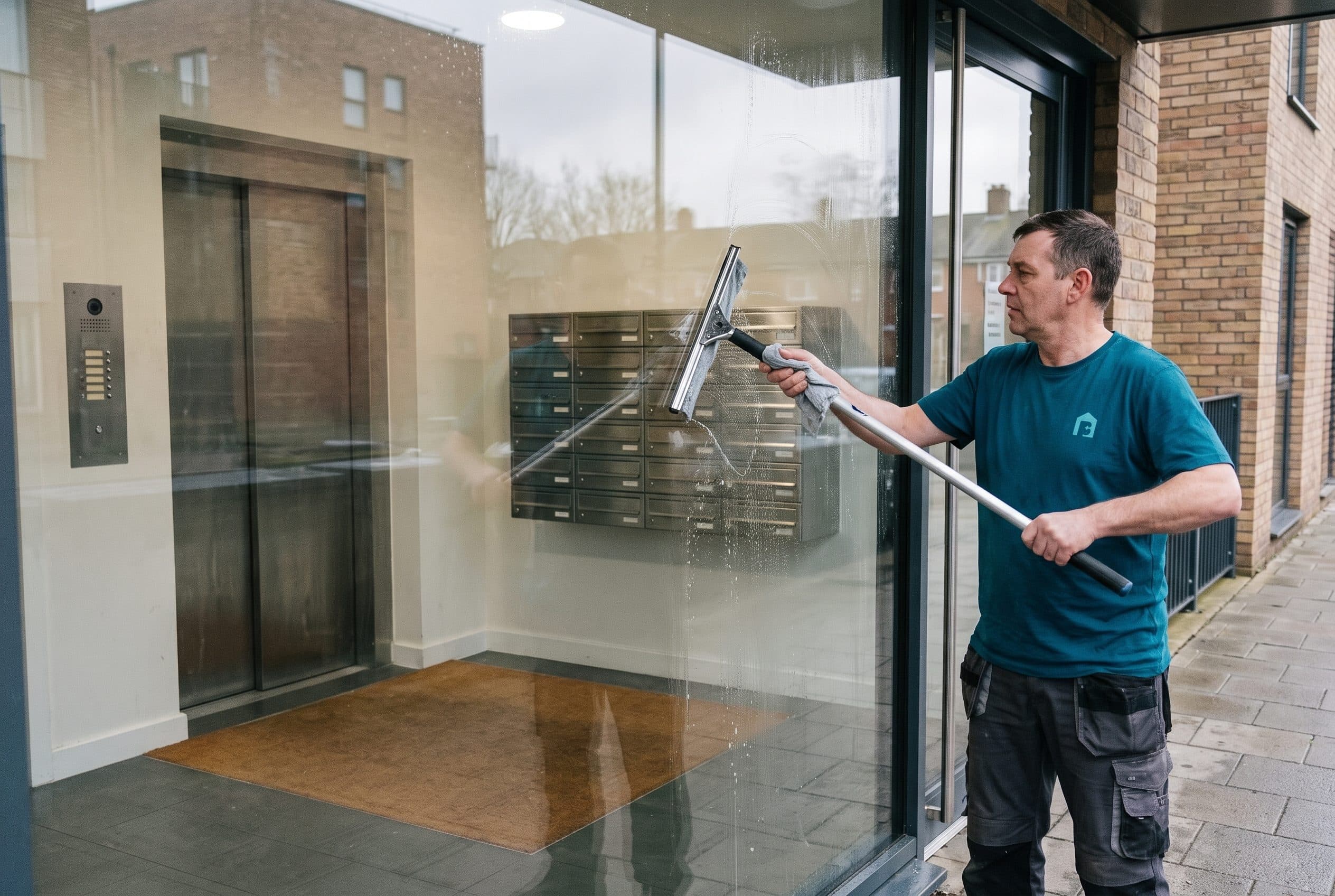 A Brit Polish cleaner squeegeeing the glass entrance of a residential building
