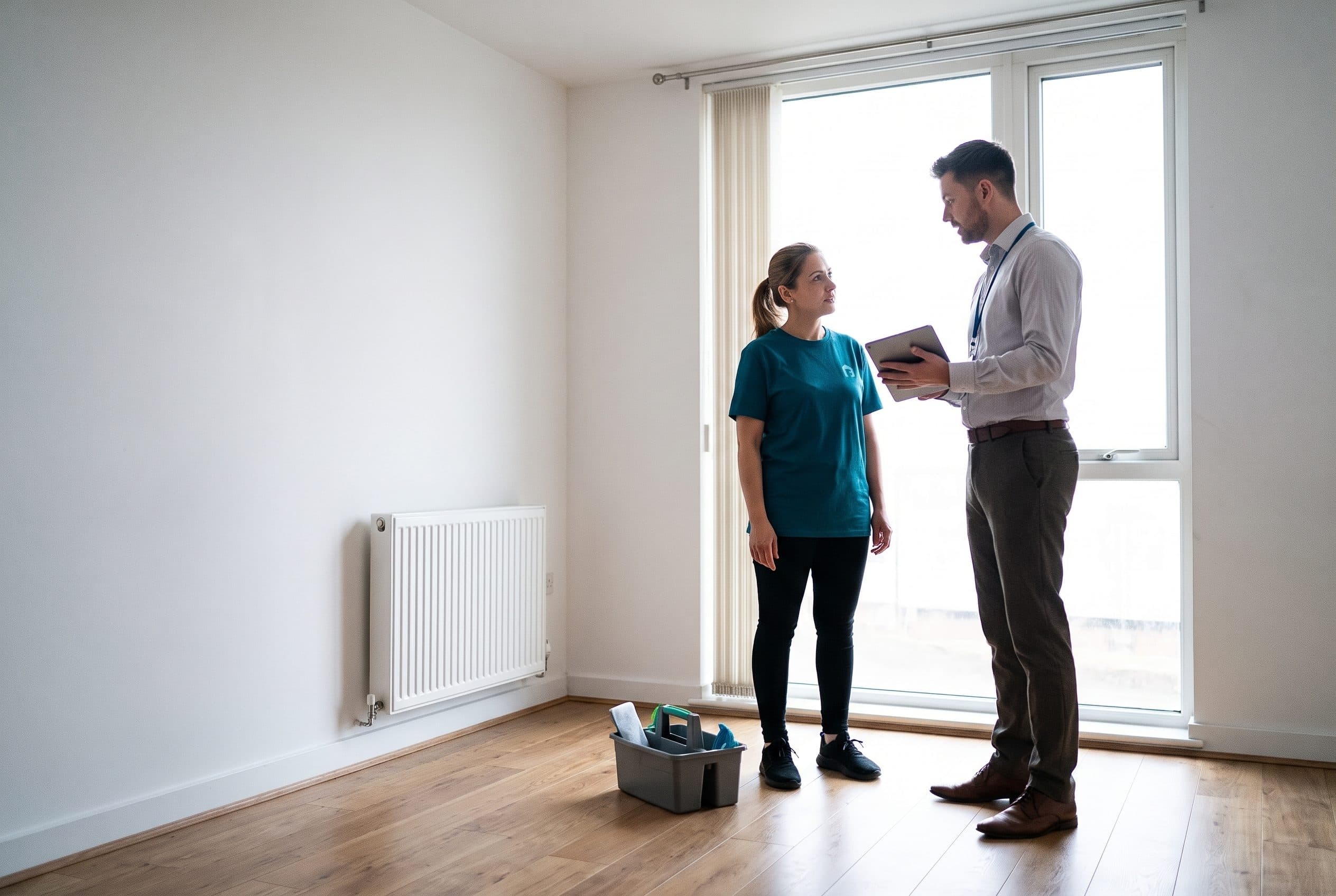 A Brit Polish cleaner and a lettings agent with a tablet checking an empty, cleaned room at check-out