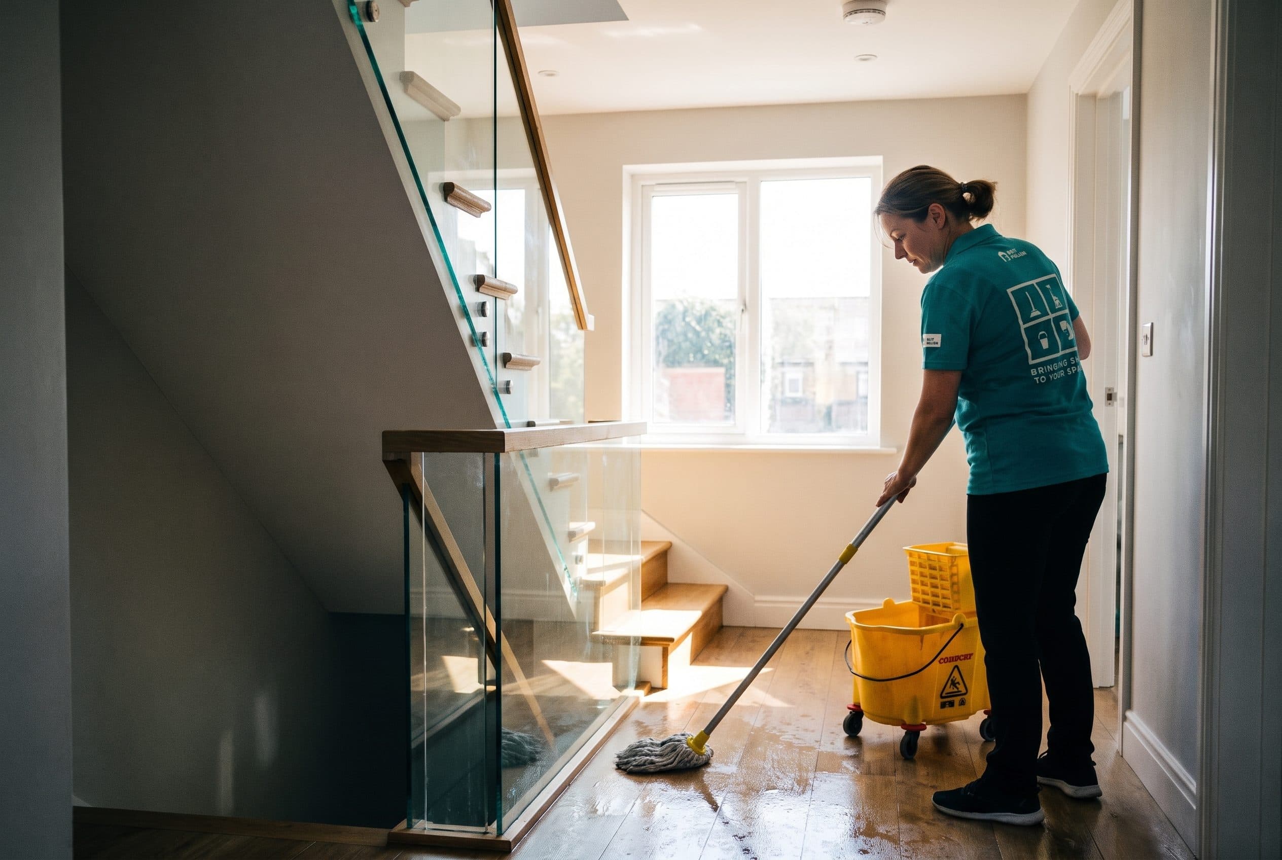 A Brit Polish cleaner mopping a shared stairwell landing with a professional mop and bucket