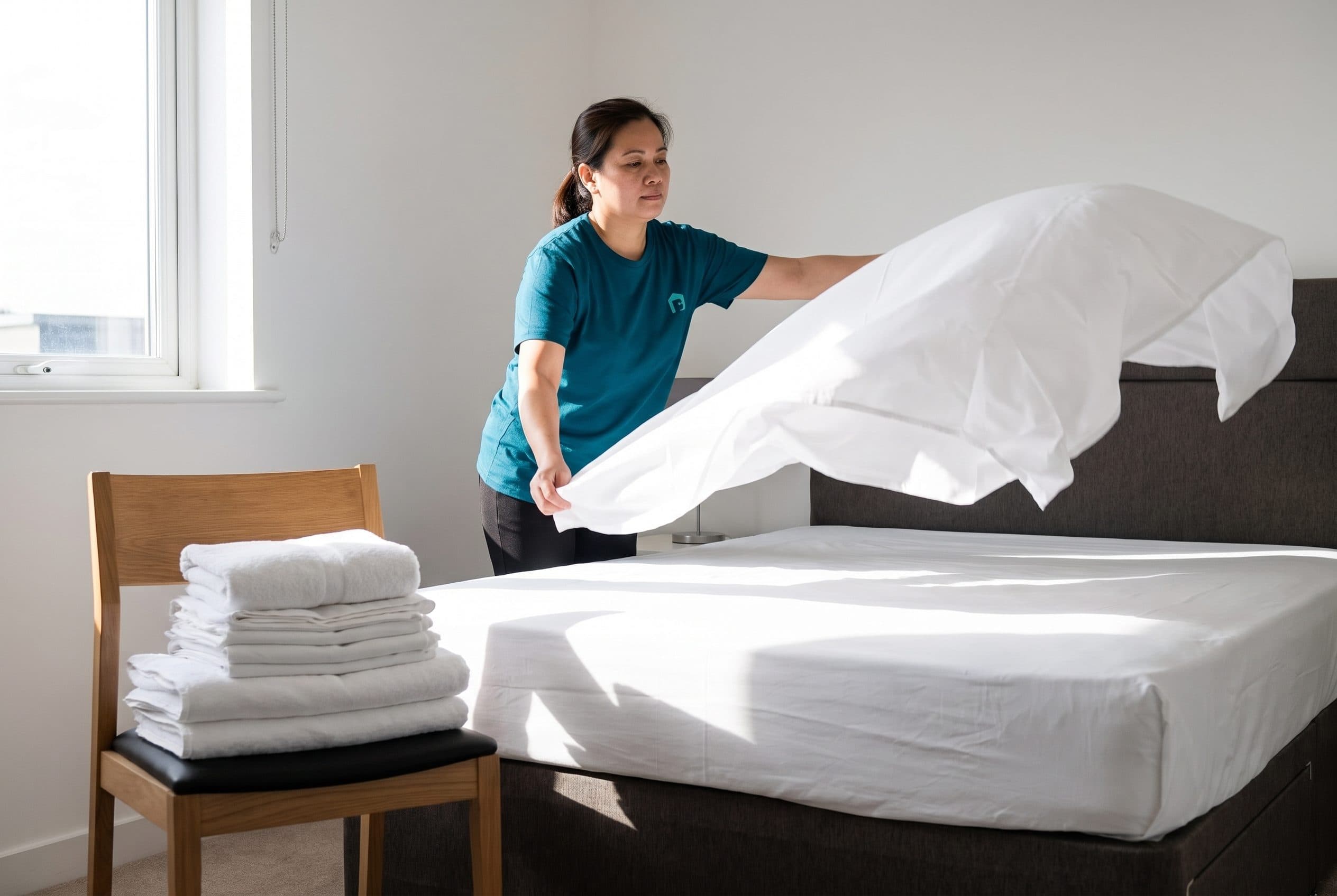 A Brit Polish housekeeper spreading a fresh white sheet over a bed, with folded towels stacked alongside