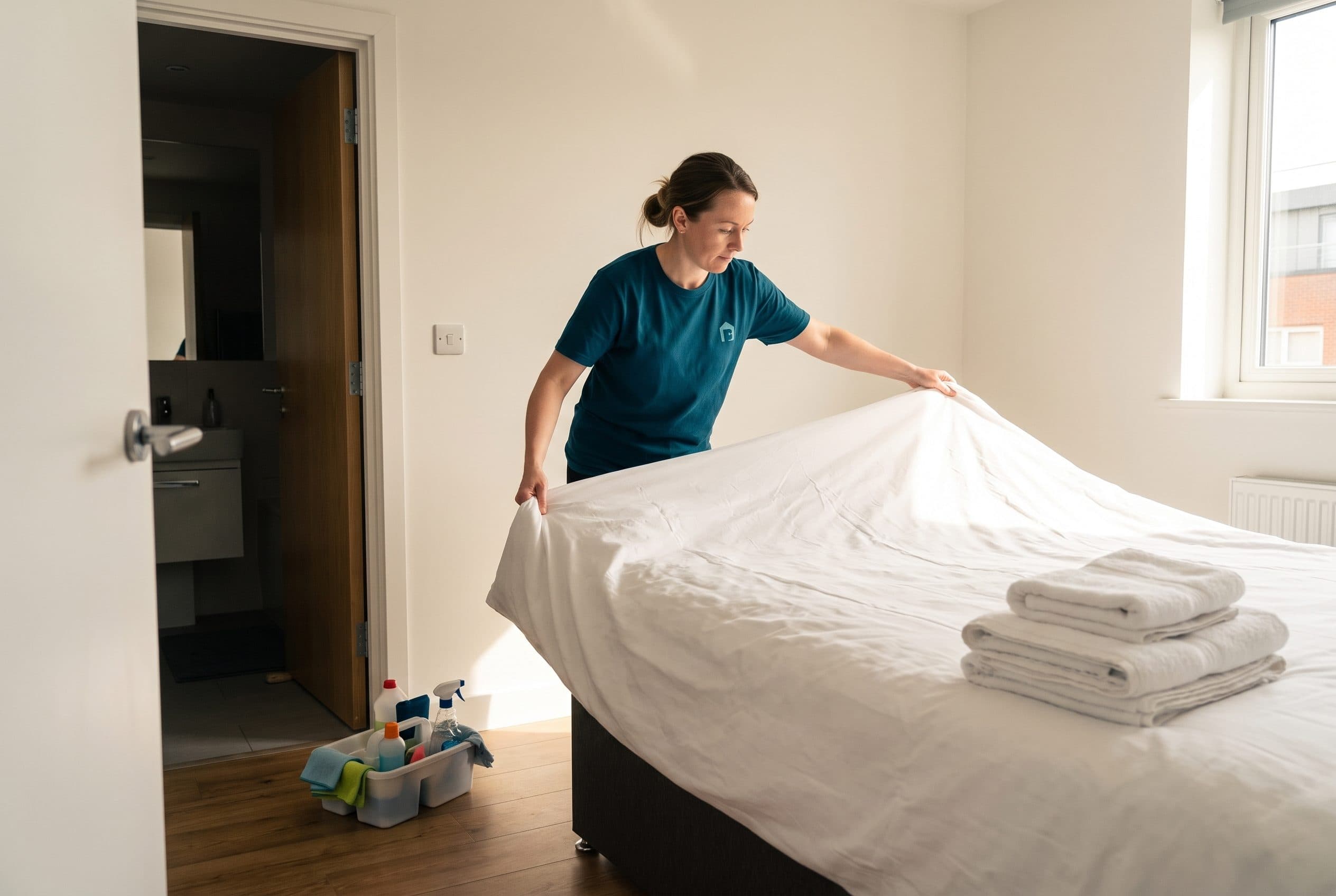 A Brit Polish cleaner making up a bed with fresh white linen, folded towels and a cleaning caddy alongside